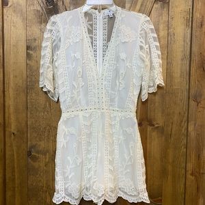 Socialite Plunging Lace Romper in Dusty Blue